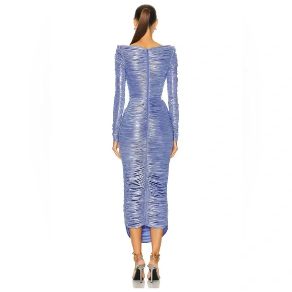 Long Sleeve Ruched Metallic Dress - Picture 3 of 12